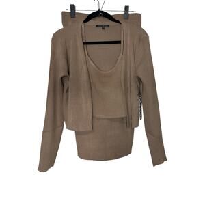 Tan Three-Piece Cardigan-Cropped Tank-Skirt Set-NWT-Size M/L